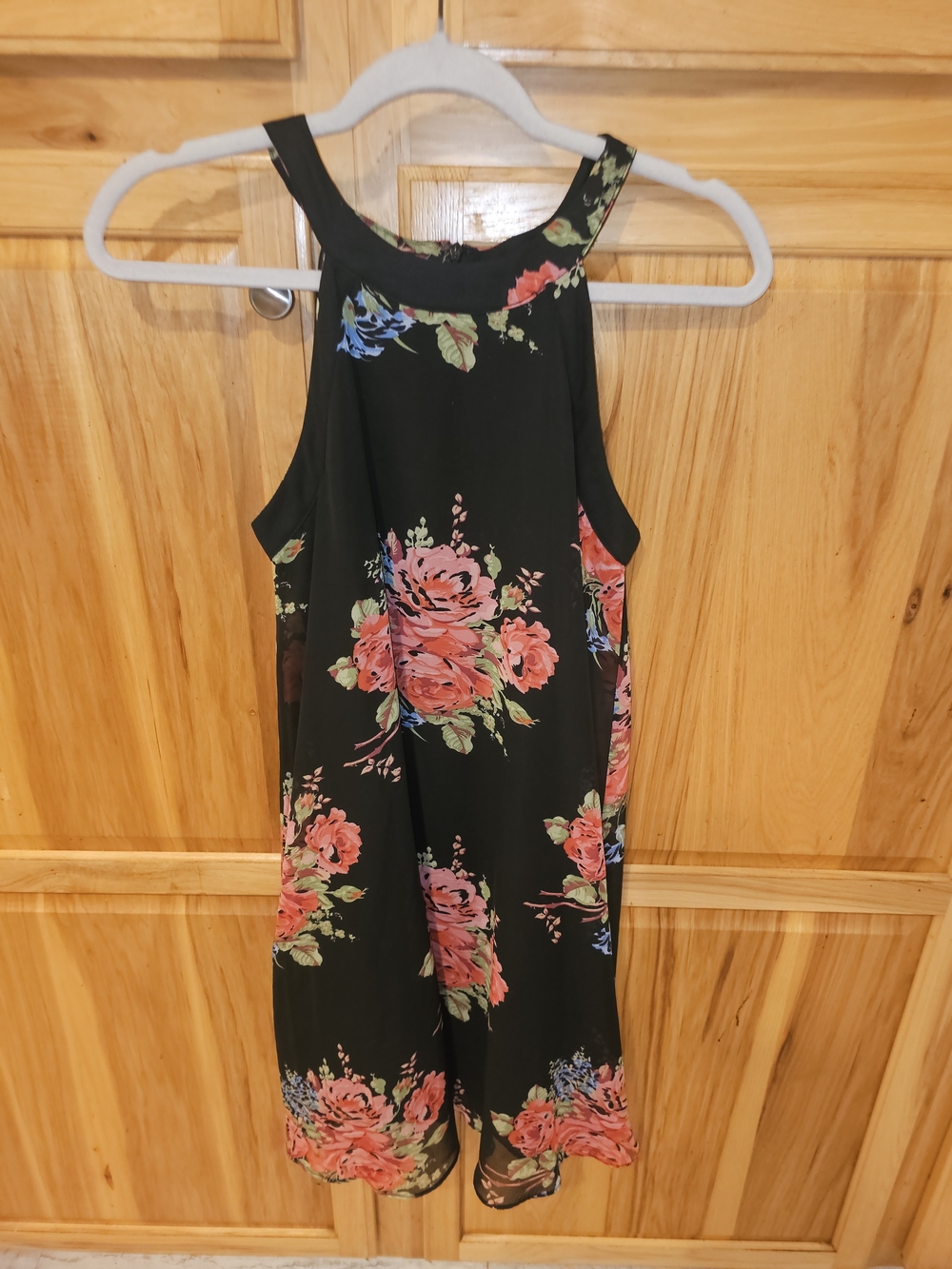 Betsey Johnson Black Floral Halter Mini Dress with Pink Roses